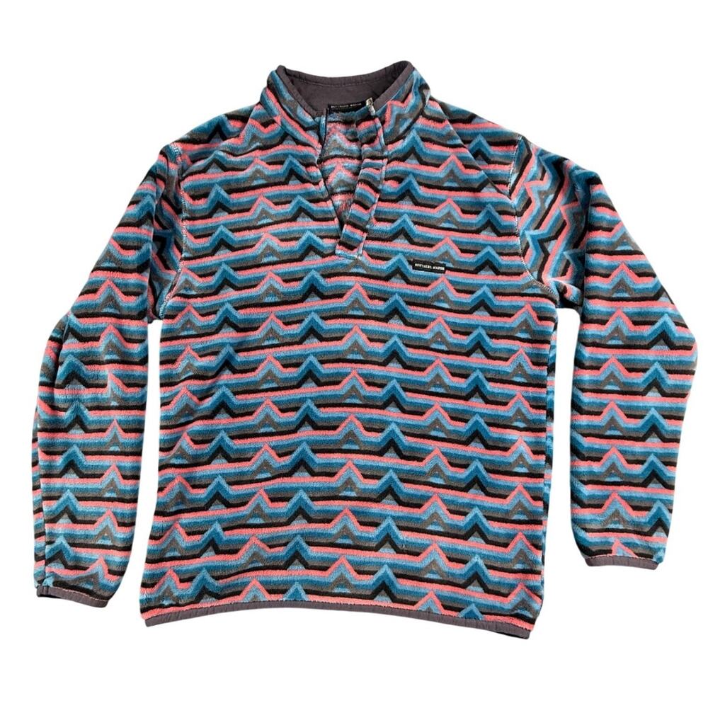 Southern Marsh Pullover Fleece Men's Small Blue Pink Chevron‎ Snap Neck Sweater